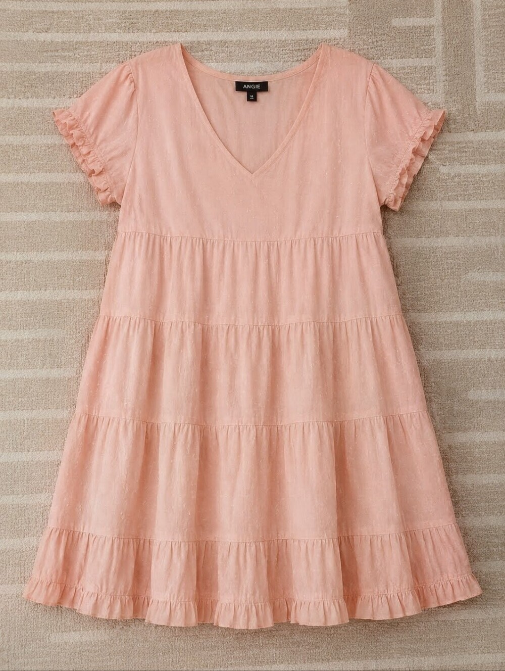 Angie Peach Pink Midi Tiered Ruffle Bojo Dress Short Flare Sleeves Size Large - Picture 2 of 9